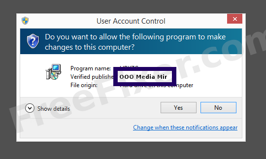 Screenshot where OOO Media Mir appears as the verified publisher in the UAC dialog